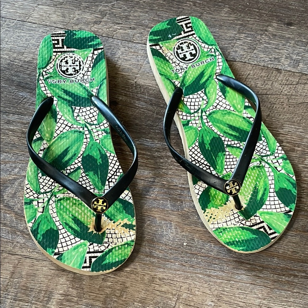 Tory Burch Green Leaf Flip Flops